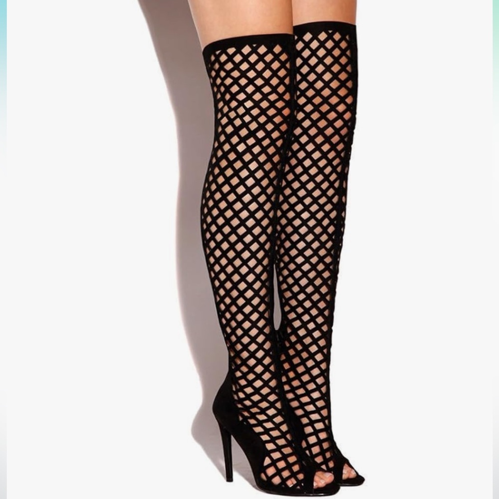 Black Over-the-Knee Lattice Peep-Toe Boots